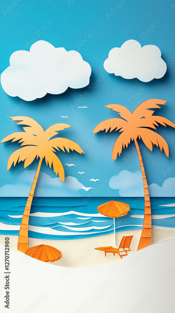 Obraz premium A vibrant paper cutout scene of a beach, featuring palm trees, clouds, and an umbrella.