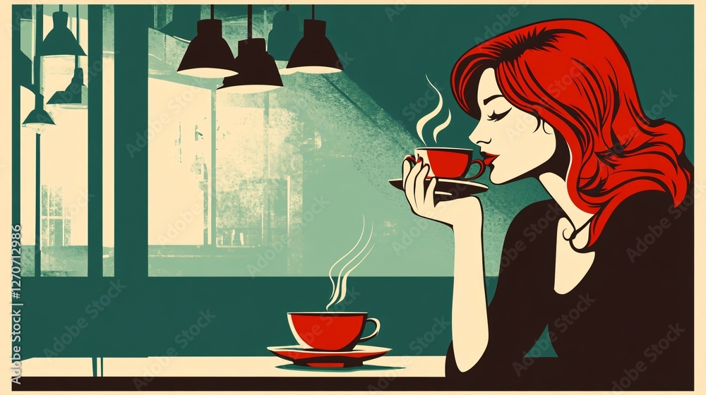 Woman Sipping Coffee in Cafe | Modern Vector Illustration