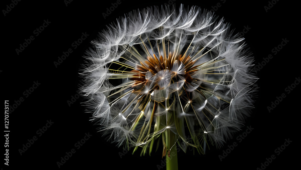 Fototapeta premium Close-up view of a dandelion puffball against a dark background highlighting its delicate structures and seeds