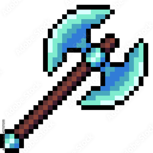 Pixel weapons: bow, sword, pickaxe, axe on a transparent background.	