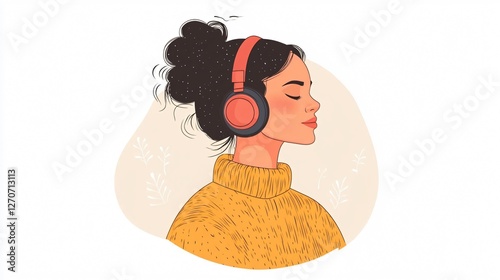 Obraz na płótnie Freepik Young Woman Listening to Music with Headphones Illustration w salonie