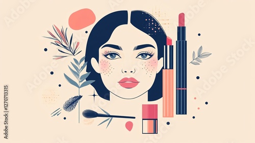 Obraz na płótnie Fashionable Women Beauty Essentials Makeup Kit Illustration w salonie