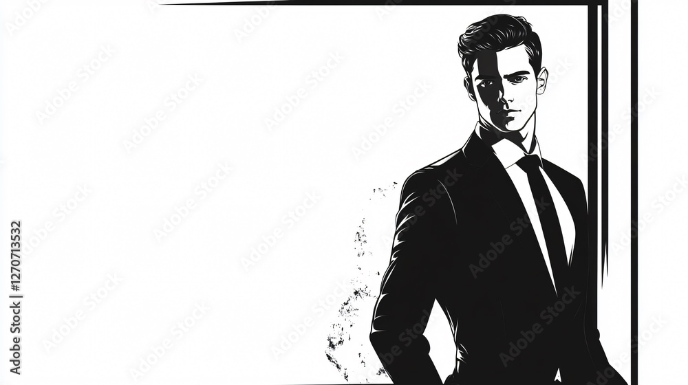 Confident Young Businessman Standing in Black Suit on White Background