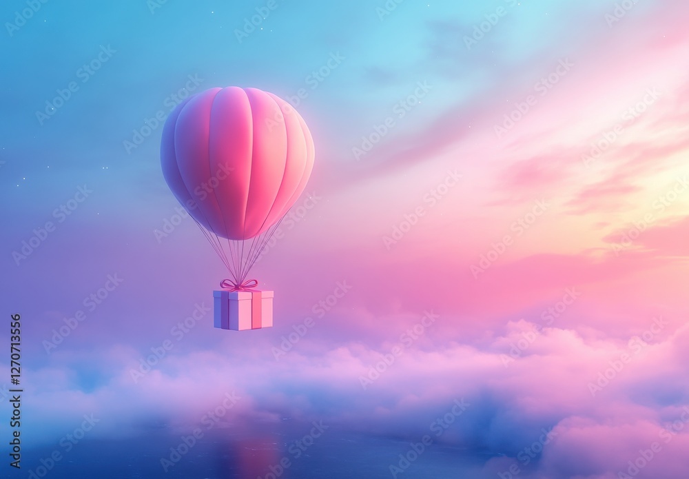 Obraz premium Colorful Hot Air Balloon with Gift Box Ascending Above Dreamy Clouds at Sunrise in a Soft Pastel Sky