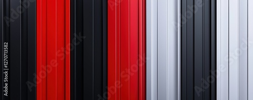 Minimalist vertical metal slats in red, black, and silver, high-tech glossy reflections, stylish futuristic panel arrangement