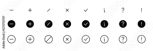 Interface Icons Set. dash, plus, slash, check, info, question, exclamation collection. Perfect for Website, App, and digital project with clean, Fully scalable and customizable for print and digital.
