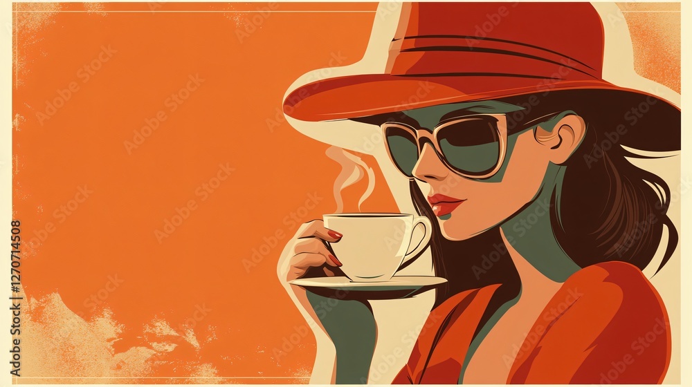 Stylish and Elegant Woman Relaxing Outdoors with Coffee