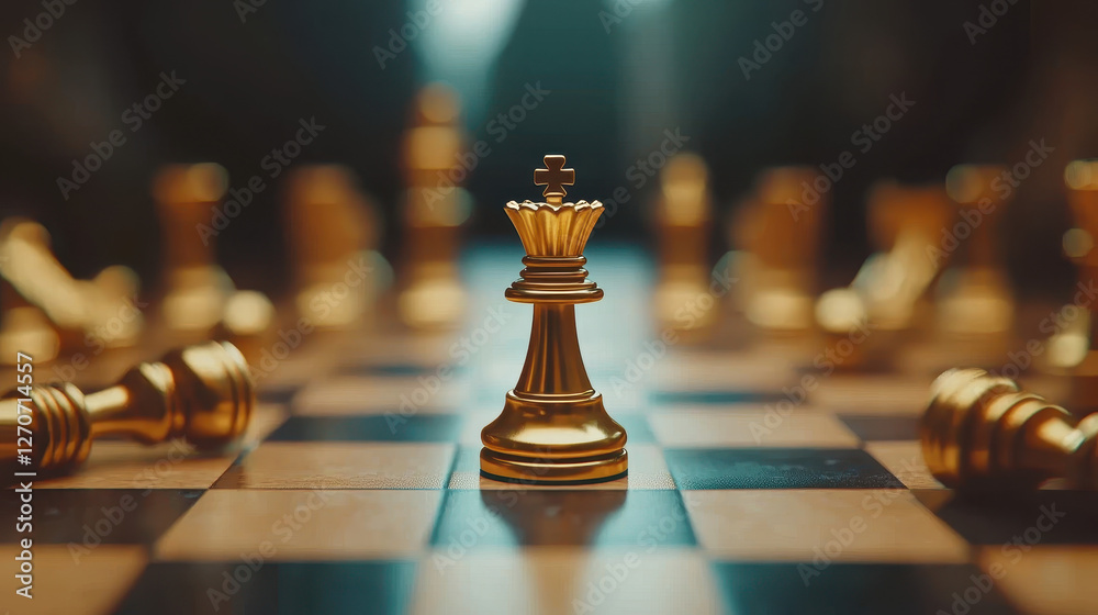 Golden king stands victorious amid fallen pieces on a chessboard, showcasing the elegance of strategy and success in luxurious lighting Golden king stands victorious amid fallen pieces on a chessboard, showcasing the elegance of strategy and success in luxurious lighting