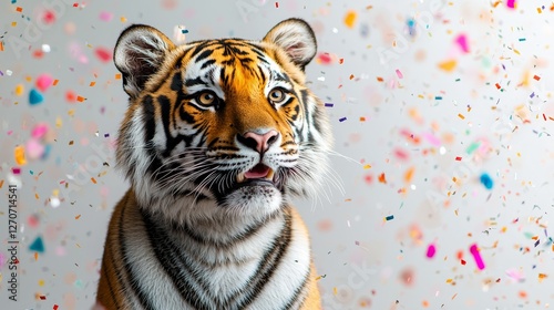 Cute wild tiger celebrates birthday in a colorful forest setting neon illustration festive atmosphere