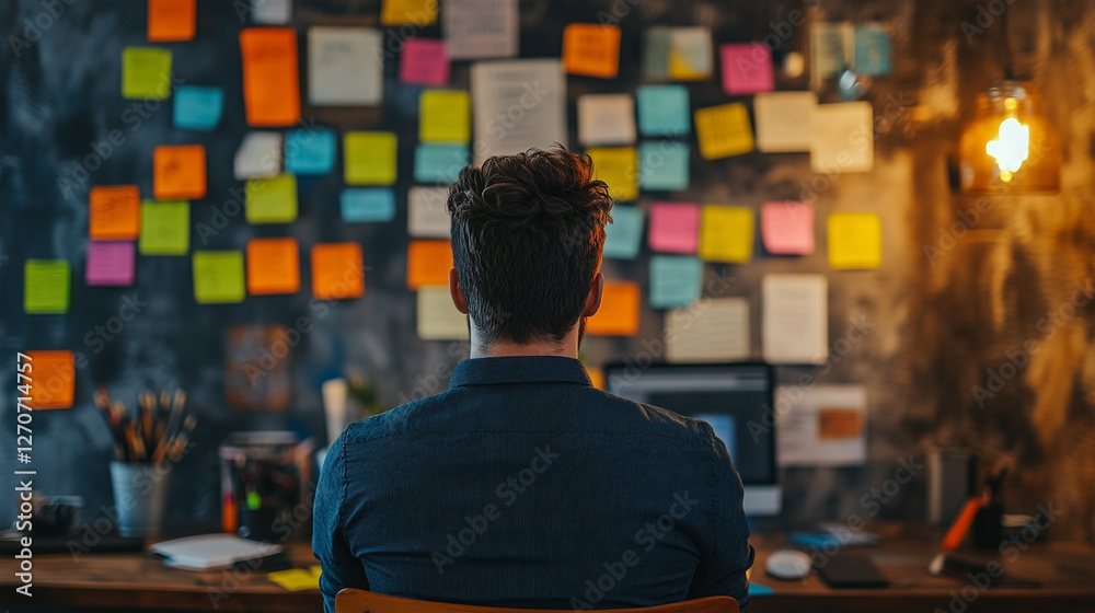 A man is sitting at a desk with a computer and a wall of sticky notes A man is sitting at a desk with a computer and a wall of sticky notes