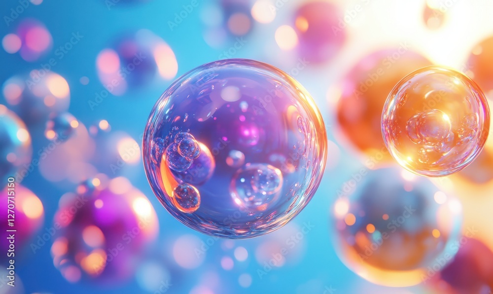 Colorful Soap Bubbles with Vivid Reflections Floating Against Soft Blue Background in Abstract Beauty and Playful Atmosphere of Fun and Joy Colorful Soap Bubbles with Vivid Reflections Floating Against Soft Blue Background in Abstract Beauty and Playful Atmosphere of Fun and Joy