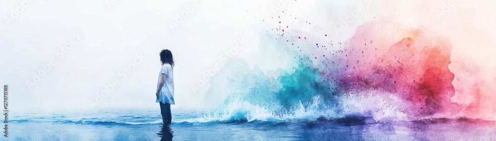 Obraz premium Woman Standing Gracefully in Shallow Water Gazing at Tranquil Horizon Surrounded by Calm Ripples Evoking Peaceful Reflection and Serenity in Nature