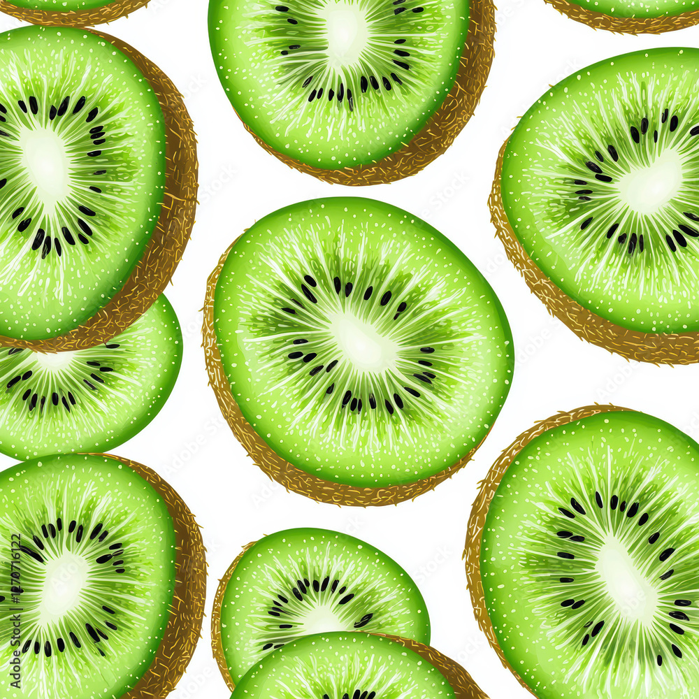 Fototapeta premium Seamless pattern of fresh kiwi slices, bright green pulp with detailed black seeds, realistic texture, vibrant and juicy tropical fruit design