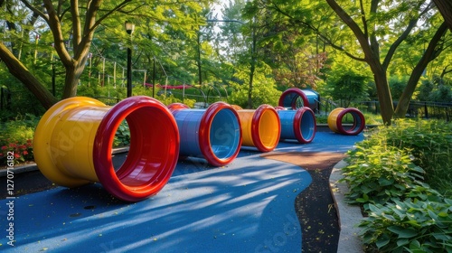 Colorful Playground Tubes in Lush Green Park photo