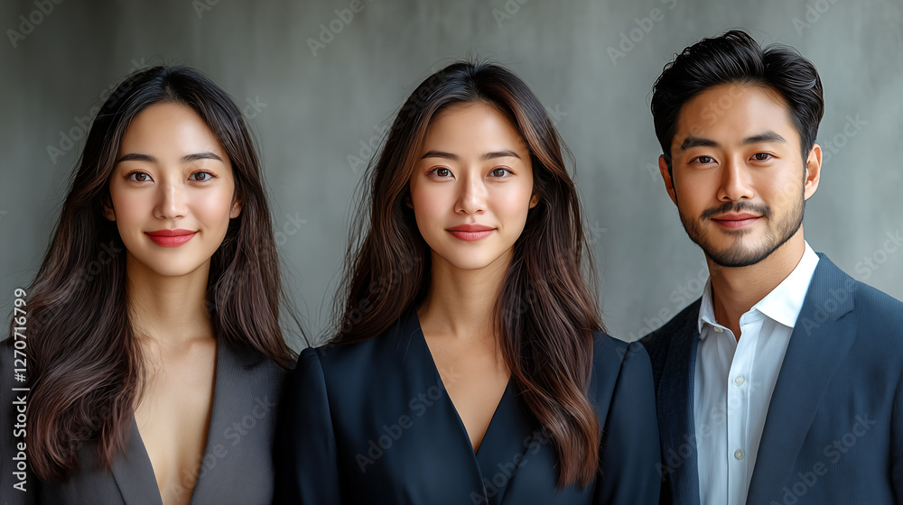 Portrait of three asian business people looking at camera and smiling