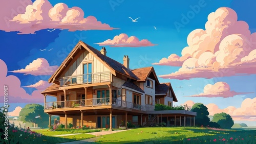 Illustration, a house, garden, lots of clouds