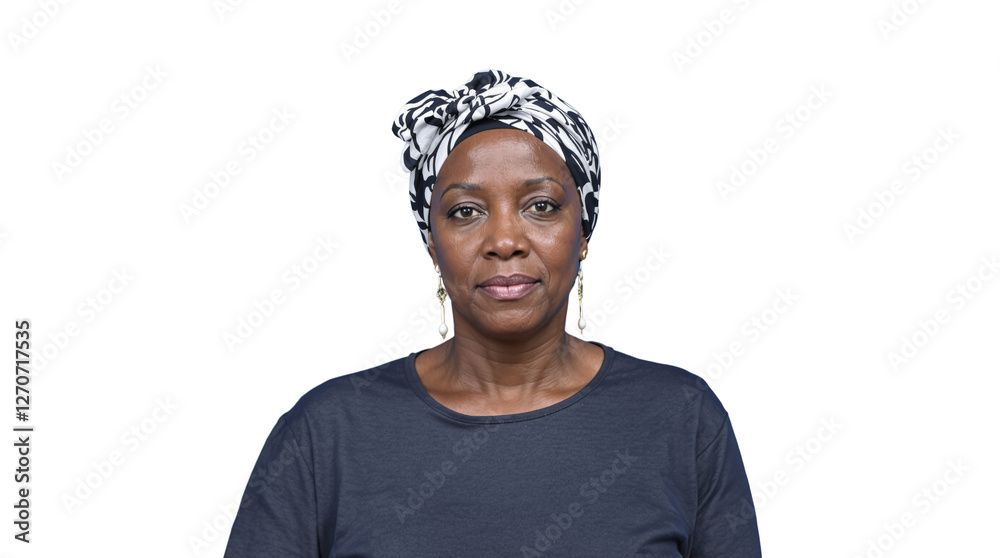 Confident mature woman in headscarf and earrings, wearing a dark shirt, isolated on a white background. Concept of cultural diversity and self-expression. Ai generative Confident mature woman in headscarf and earrings, wearing a dark shirt, isolated on a white background. Concept of cultural diversity and self-expression. Ai generative