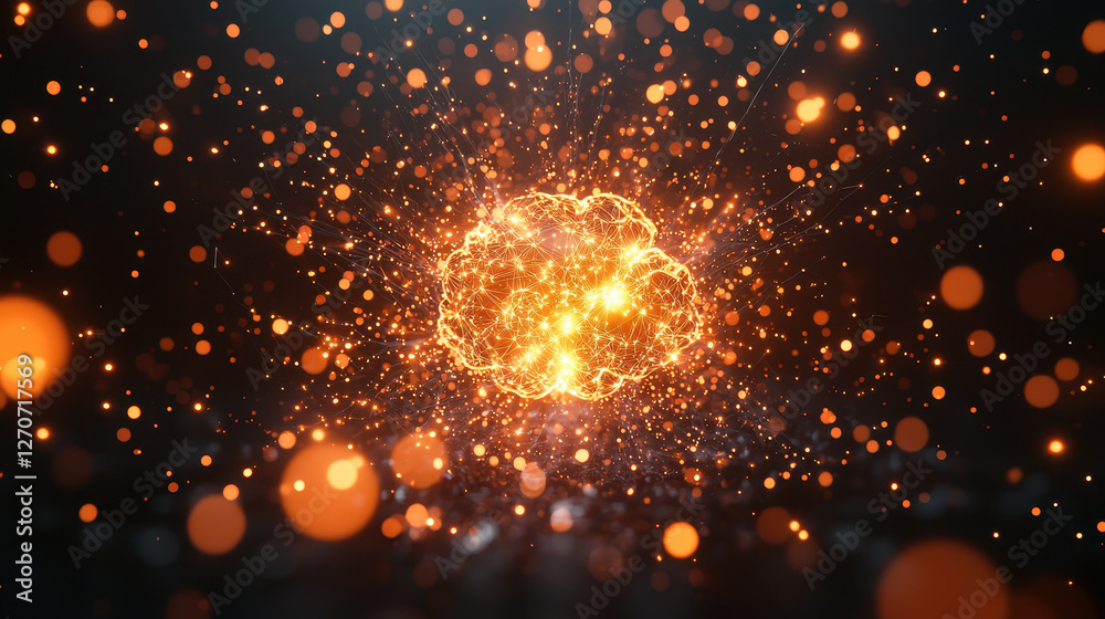 Fototapeta premium Glowing AI brain with complex digital neural network and deep learning algorithms illuminated by futuristic data visualization elements