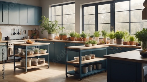 A modern, eco-friendly kitchen with a family sorting recyclables into labeled bins.