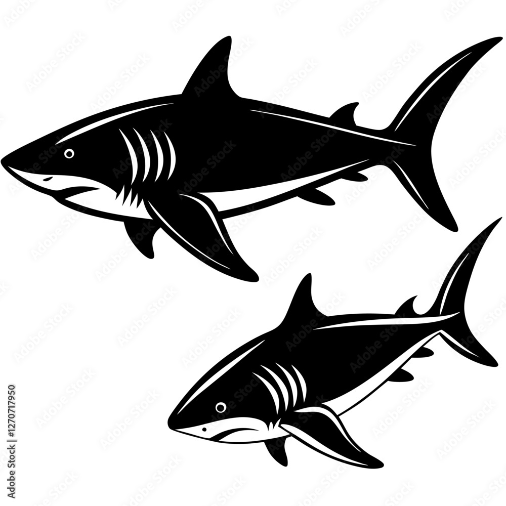 Obraz premium Two Great White Sharks Swimming in the Ocean Depths A Monochrome Illustration