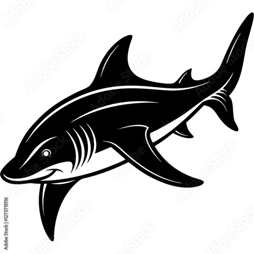 A fierce black and white illustration of a shark swimming