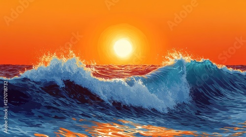 Dramatic sunset over ocean waves. Colorful seascape. Possible use Stock photo photo