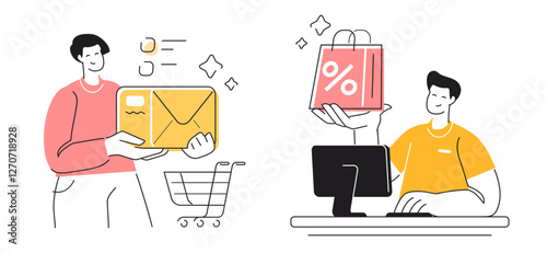 Cashier standing at checkout. Buyer picks up the parcel box from the self-service warehouse. Shop, store concept