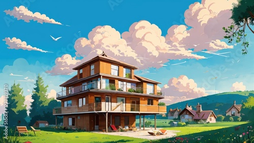 Illustration, a house, garden, lots of clouds