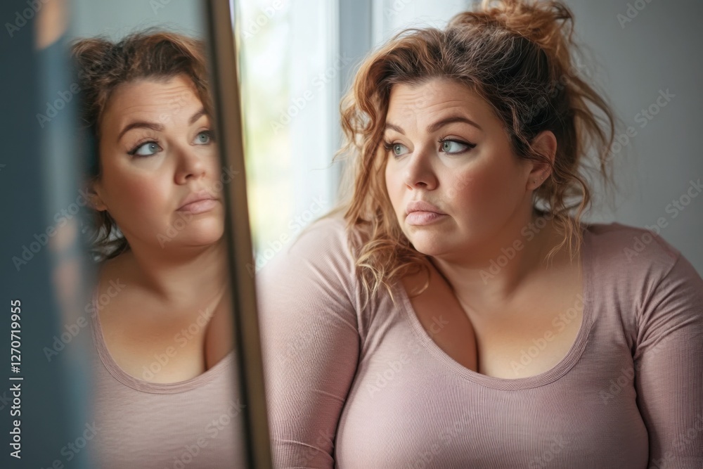 Fototapeta premium Plus-size woman looking at herself in the mirror at home, reflecting on body image and self-acceptance. Curvy female embracing body positivity, self-care, and confidence