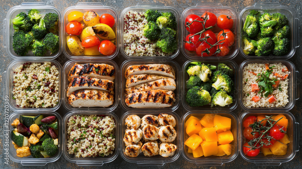 Meal prep table featuring vibrant containers with grilled chicken, quinoa, and fresh vegetables for a healthy lifestyle Meal prep table featuring vibrant containers with grilled chicken, quinoa, and fresh vegetables for a healthy lifestyle
