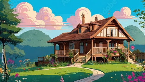 Illustration, a house, garden, lots of clouds