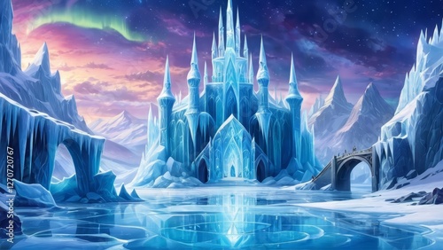 Majestic Ice Castle Under Northern Lights
