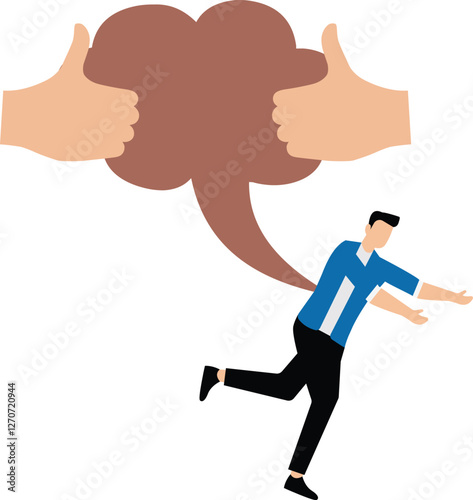 Big hands take speech bubbles and stab them inside the grieving businessman's body, gossip, rumors or fake news, hate speech, verbal bullying or name-calling