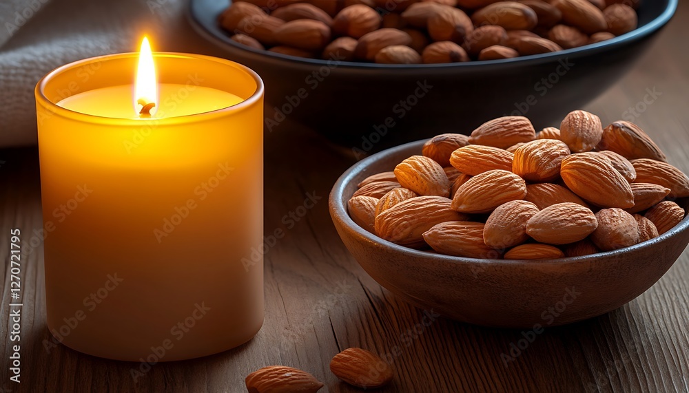 A creamy almond-scented candle glowing next to a bowl of whole almonds on a wooden table A creamy almond-scented candle glowing next to a bowl of whole almonds on a wooden table
