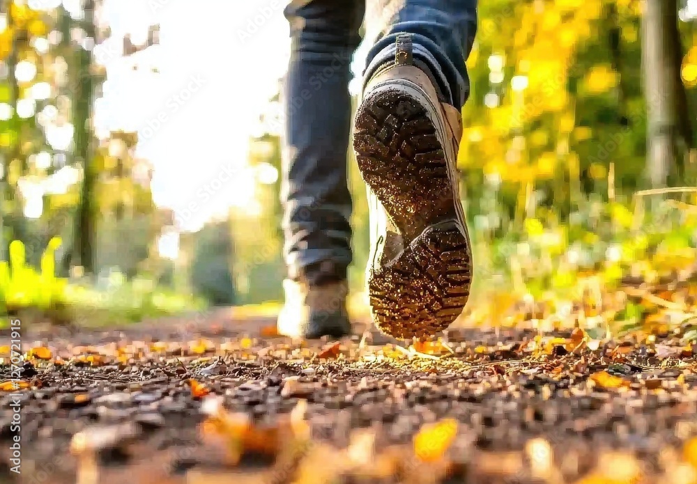 Person Walking on Leafy Pathway in Autumn Forest Setting Person Walking on Leafy Pathway in Autumn Forest Setting