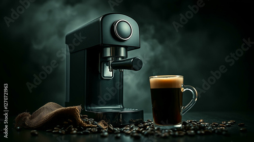 Hot coffee flow to a cup on espresso machine, minimal style, Dark Dramatic Lighting.