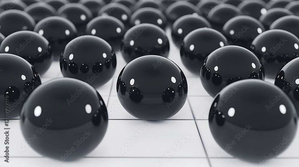 Group of Spherical Black Geometric Shapes Reflective Surface Digital Art Render on White Tiled Floor Group of Spherical Black Geometric Shapes Reflective Surface Digital Art Render on White Tiled Floor