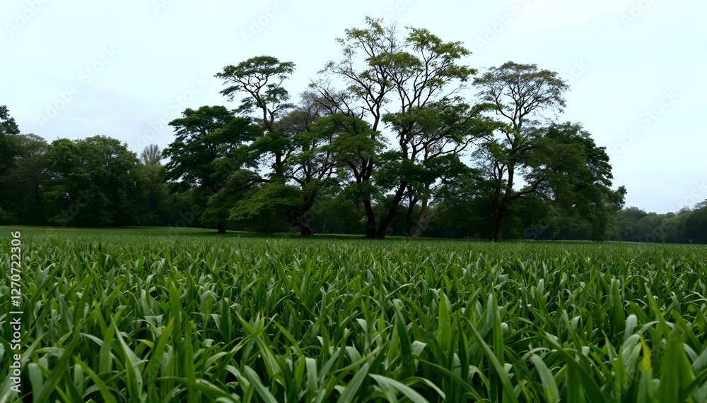 Obraz premium Un campo verde con árboles al fondo