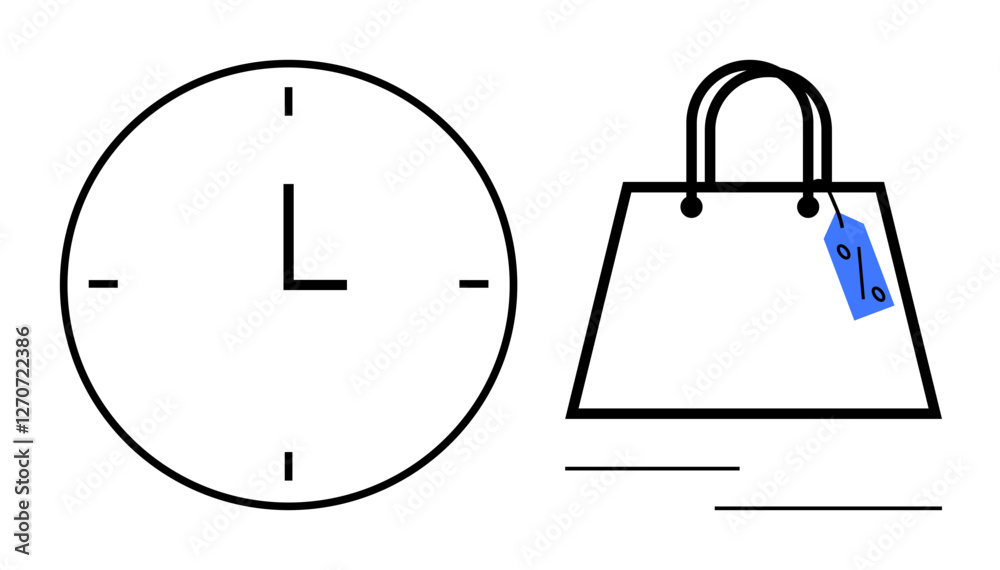 Clock showing time beside a shopping bag with blue price tag. Ideal for e-commerce, time management, retail industry, sales strategy, consumer behavior, productivity, marketing campaigns. Minimalist Clock showing time beside a shopping bag with blue price tag. Ideal for e-commerce, time management, retail industry, sales strategy, consumer behavior, productivity, marketing campaigns. Minimalist
