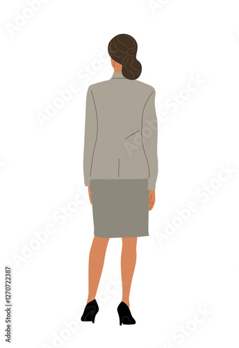 Business woman standing full length rear view. Elegant lady in formal suit from behind, turned back. Backside female character Vector illustration isolated 
