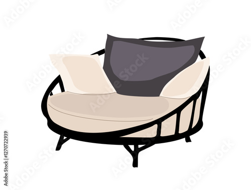 Outdoor sofa, couch, day bed with metal base and soft seat and cushions. Porch zone, garden, patio furniture. Interior, landscape design element. Vector flat illustration isolated