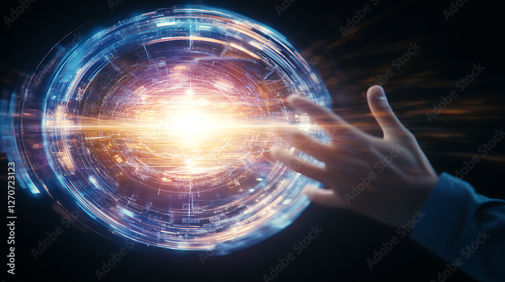 Obraz premium Hand Interacting with a Glowing Orb of Energy Representing Advanced Futuristic Technology Concepts
