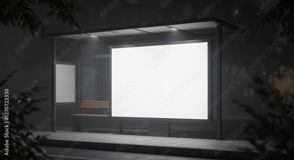 Clean blank billboard modern bus stop shadowy lighting photorealistic rendering close up view Clean blank billboard modern bus stop shadowy lighting photorealistic rendering close up view