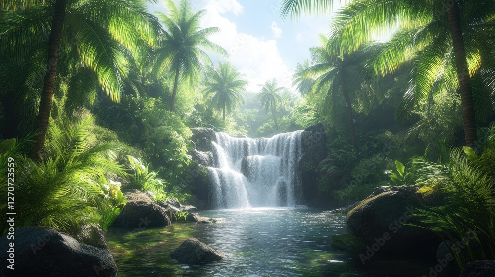 Tropical Waterfall in Lush Jungle, Scenic View, Peaceful Nature, Ideal for Relaxation or Travel Tropical Waterfall in Lush Jungle, Scenic View, Peaceful Nature, Ideal for Relaxation or Travel