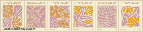 Set of abstract flower market posters. Trendy botanical wall arts with floral design in danish pastel colors. Modern naive groovy funky interior decorations, paintings. Vector art illustration.