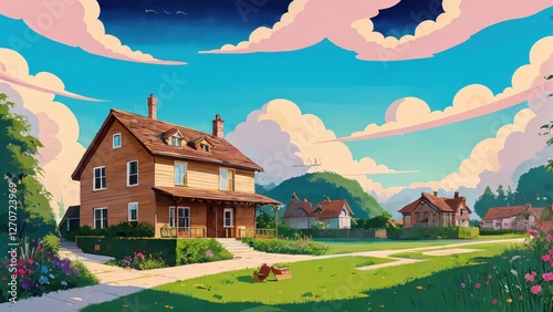 Illustration, a house, garden, lots of clouds