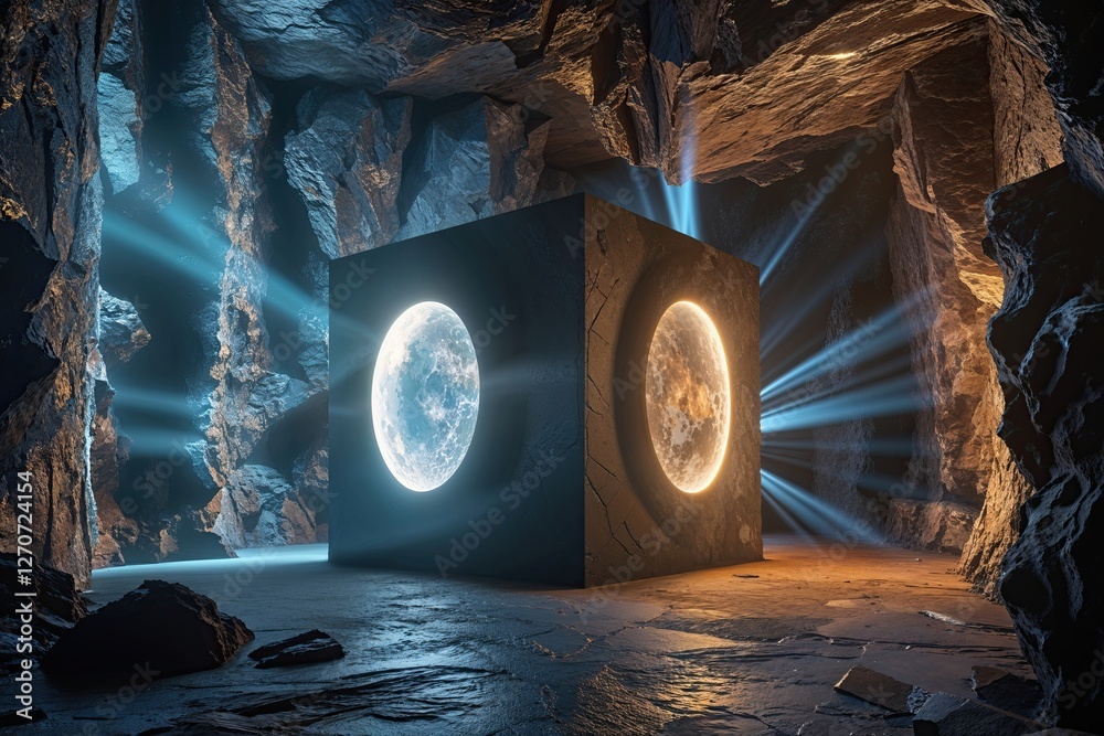 Obraz premium A Stunning 3D Artwork of a Cube-Shaped Corridor with Rugged Walls and Illuminating Rays