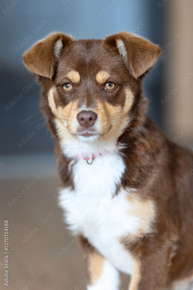Brown mutt mix breed puppy dog sitting in the room Brown mutt mix breed puppy dog sitting in the room