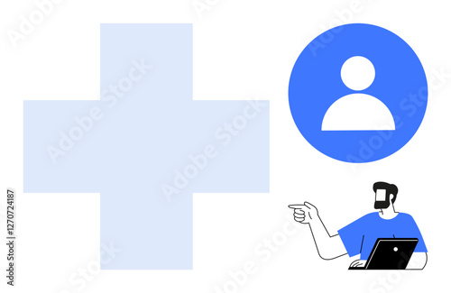 Person interacting with laptop pointing towards user icon and large medical cross. Ideal for healthcare, medical services, digital apps, user interfaces, online profiles, tech support, telemedicine