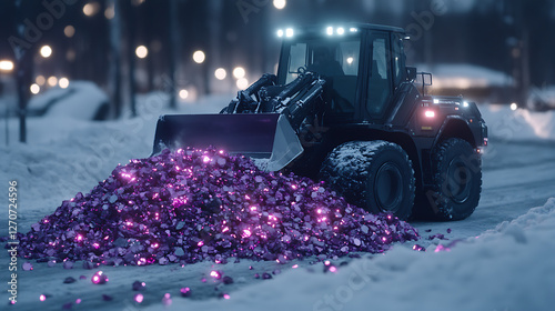 Heavy Machinery Moving Pile of Glittering Purple Gems in a Snow Covered Winter Landscape at Night photo